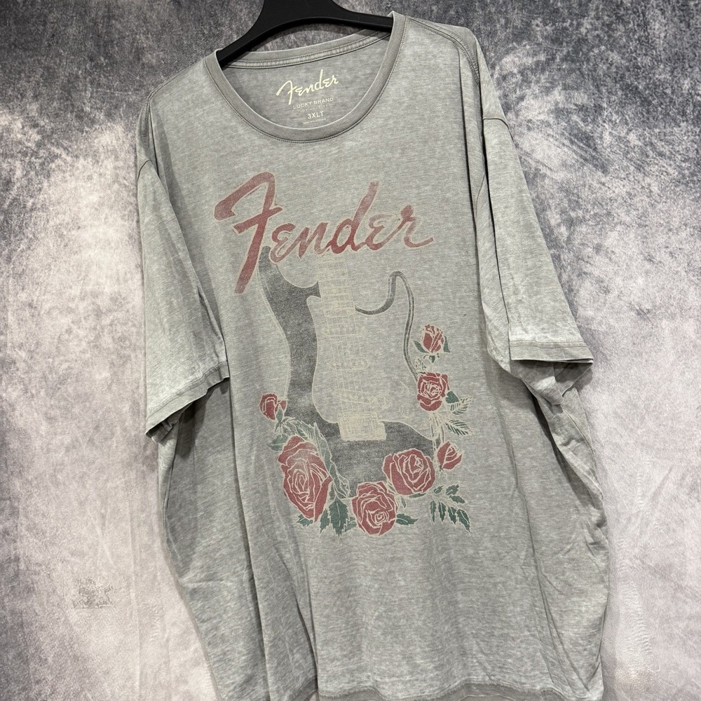 Fender Lucky Brand Men’s 3XLT Gray Guitar Roses Graphic T-Shirt Short Sleeve
